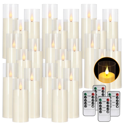 fclayvts 24 Packs of Acrylic LED Candles, Flickering Flameless Candles Battery Operated with Remote Dimmed and Timed, 3D Wick Candles for Home Decor,Wedding,Gift，Parties and Festivals. (3 Size)
