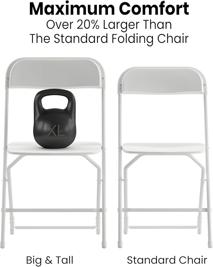 Flash Furniture Hercules Series Big & Tall Stackable Plastic Folding Chairs, Extra Wide Commercial Event Seats, Set of 4, White