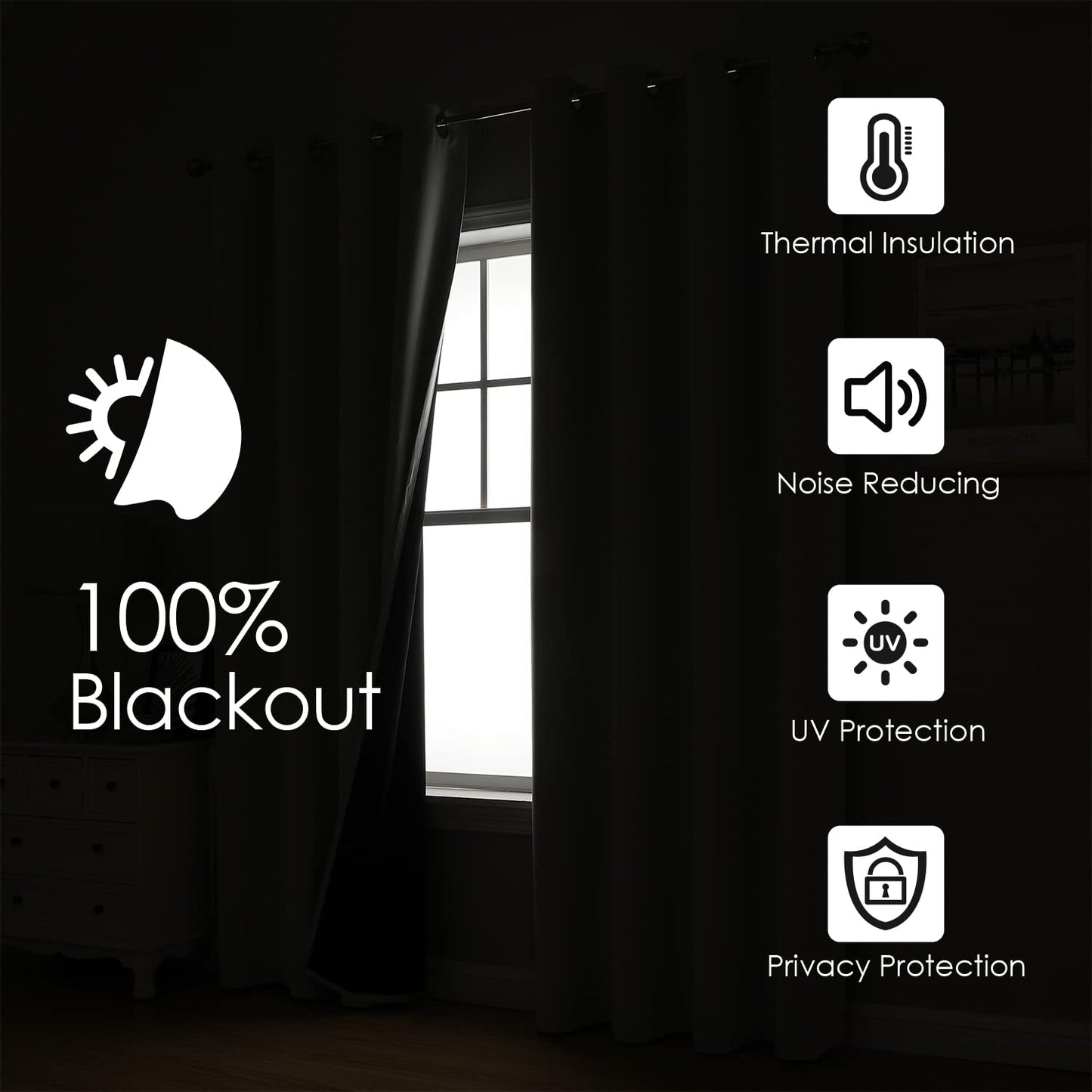 ChrisDowa 100% Blackout Curtains for Bedroom with Black Liner, 2 Thick Layers Total Blackout Thermal Insulated Grommet Window Curtains 2 Panels Set (Stone Blue, 52 x 63 Inch)