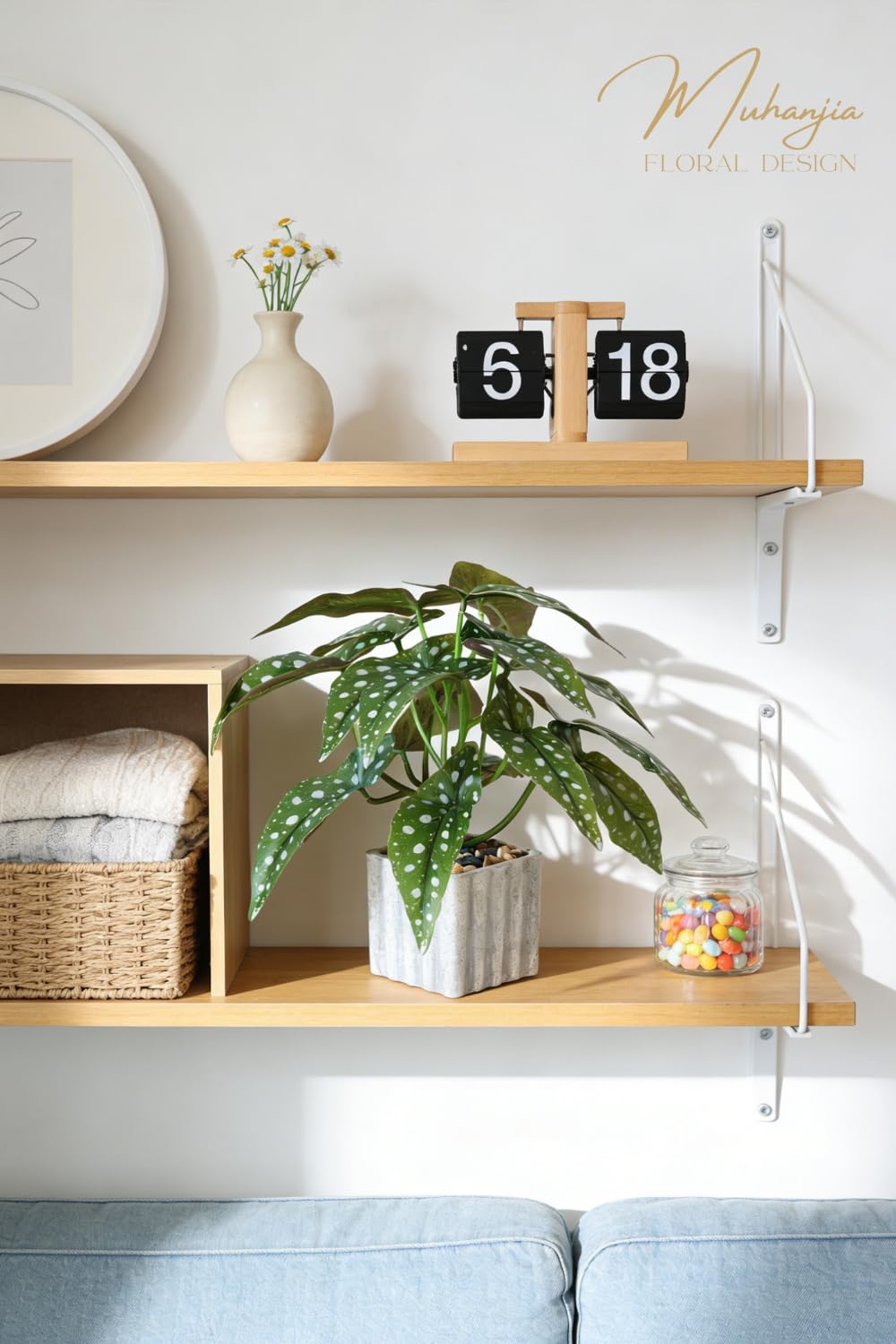 Muhanjia Artificial Potted Plant, Lifelike Faux Greenery in Decorative Cement-Look Square Pot for Indoor Home Decor Centerpieces (Polka Dot Begonia)