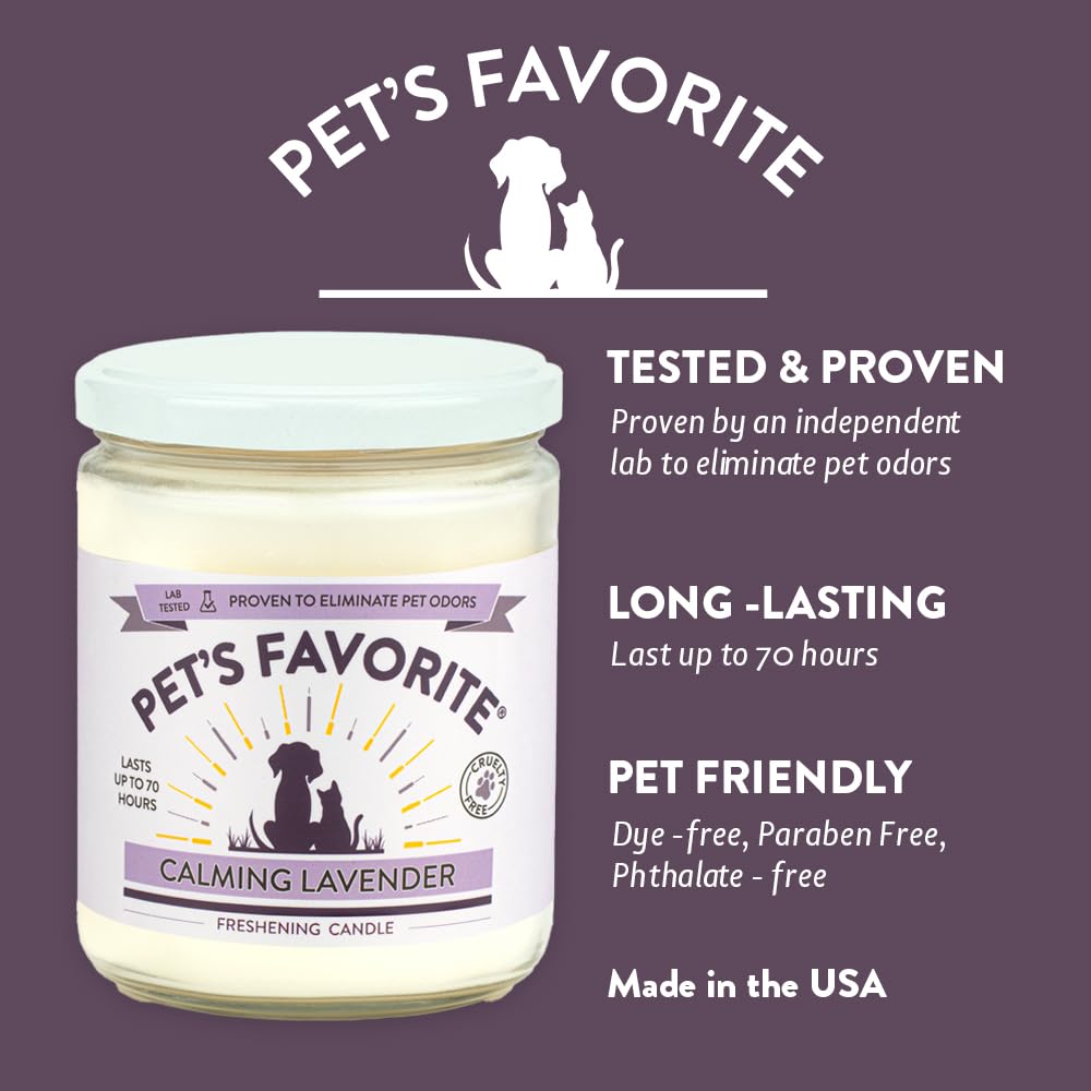 Pet's Favorite Calming Lavender Pet Odor Candle, Clean Burning, Long Lasting Scented Candles with a Natural Fiber Wick and 70 Hour Burn Time, Pack of 1