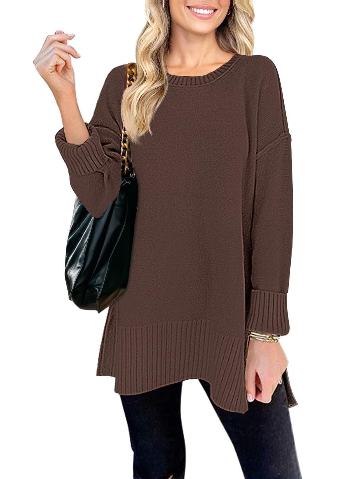 MEROKEETY Women's 2025 Fall Winter Oversized Pullover Sweater Casual Loose Crew Neck Long Sleeve Side Split Jumper Tops