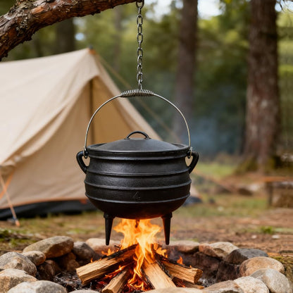 12 Quart Cast Iron Dutch Oven Cauldron Pot - Camping Cookware with Lid - Pre-Seasoned Heavy-Duty Potjie for Stews, Soups, Braising, and Frying Over Fire Pit Grill or Camp Stove