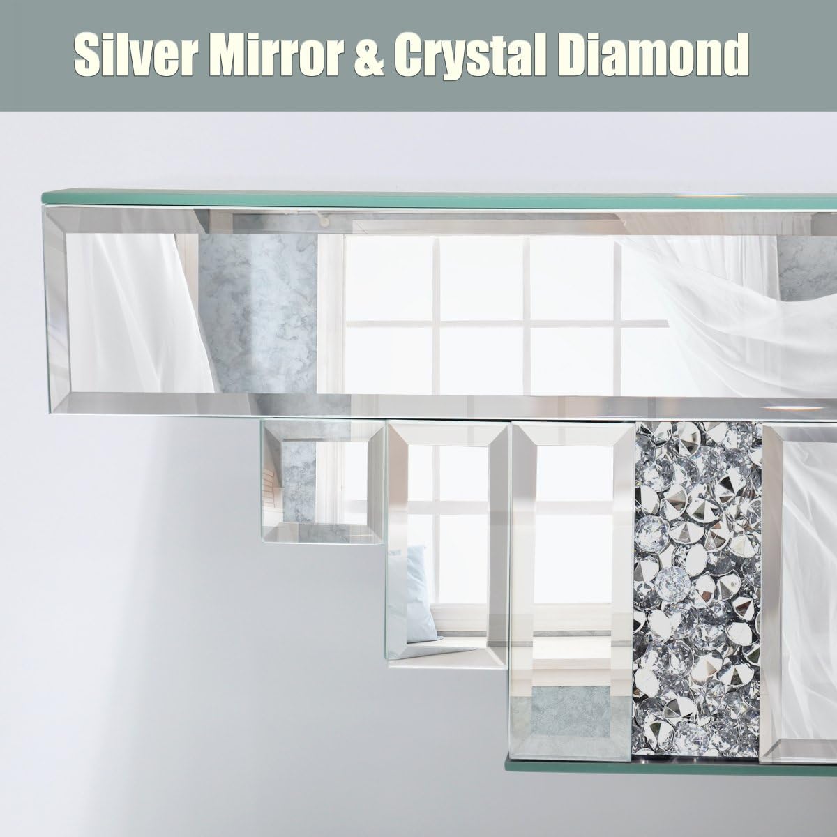 ST3000 Mirrored Floating Shelf for Wall-23 Crushed Crystal Diamond Wall Shelf, Silver Mirror Display Shelf for Bathroom, Living Room, Bedroom-Glam Art Deco Showcase for Perfume, Jewelry, Small Plants