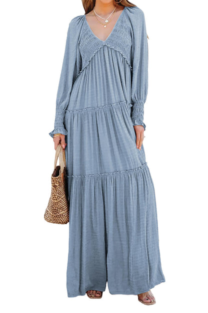 R.Vivimos Maxi Dress for Women Long Sleeve V Neck Empire Waist Layered Ruffle Boho Casual Flowy Long Dresses