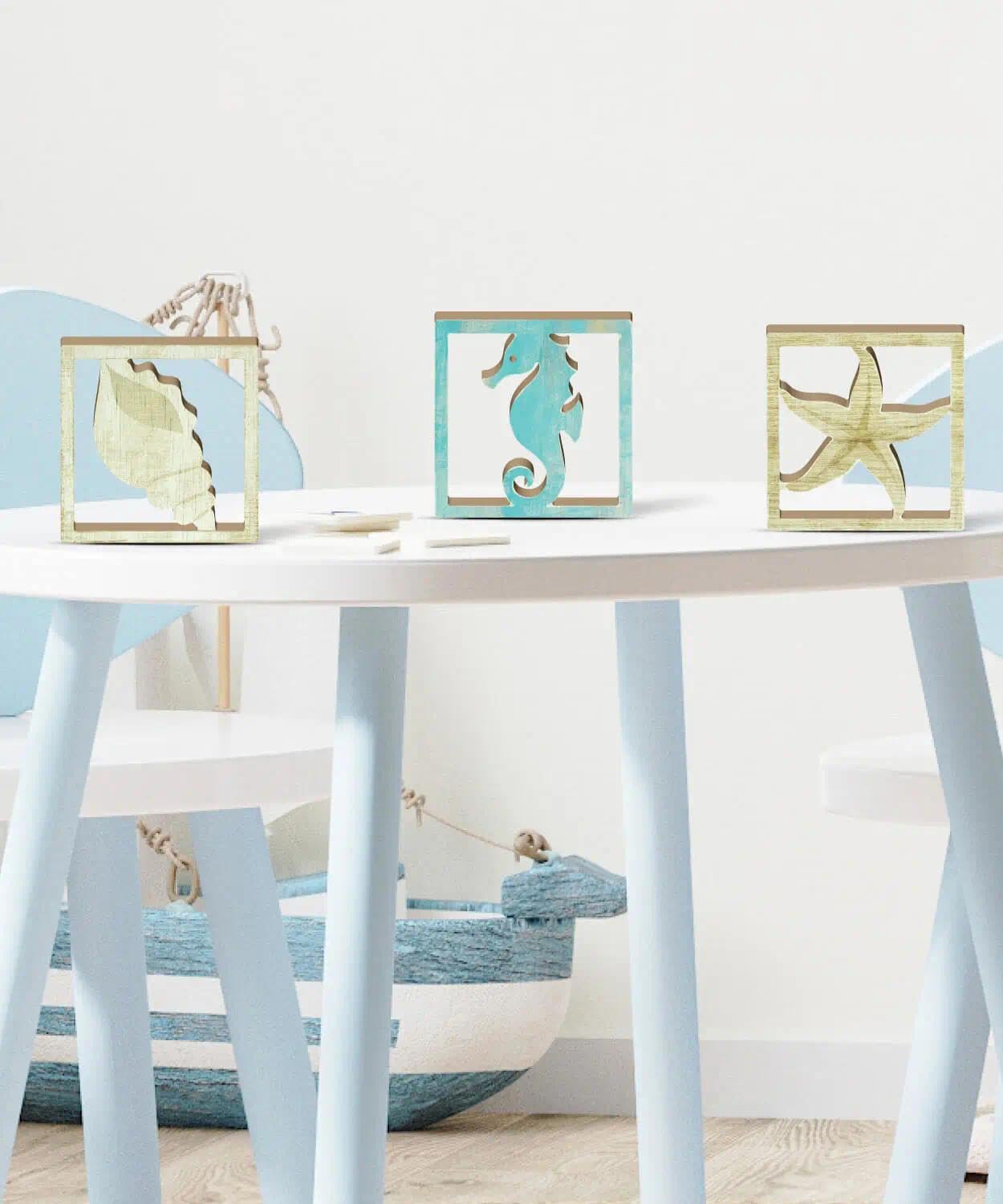 Putuo Decor Coastal Decor, Ocean Themed Tabletop Decor Set of 3, Seashore Seahorse Starfish and Shell MDF Desk Accents for Living Room, Bedroom, Office, Beach House