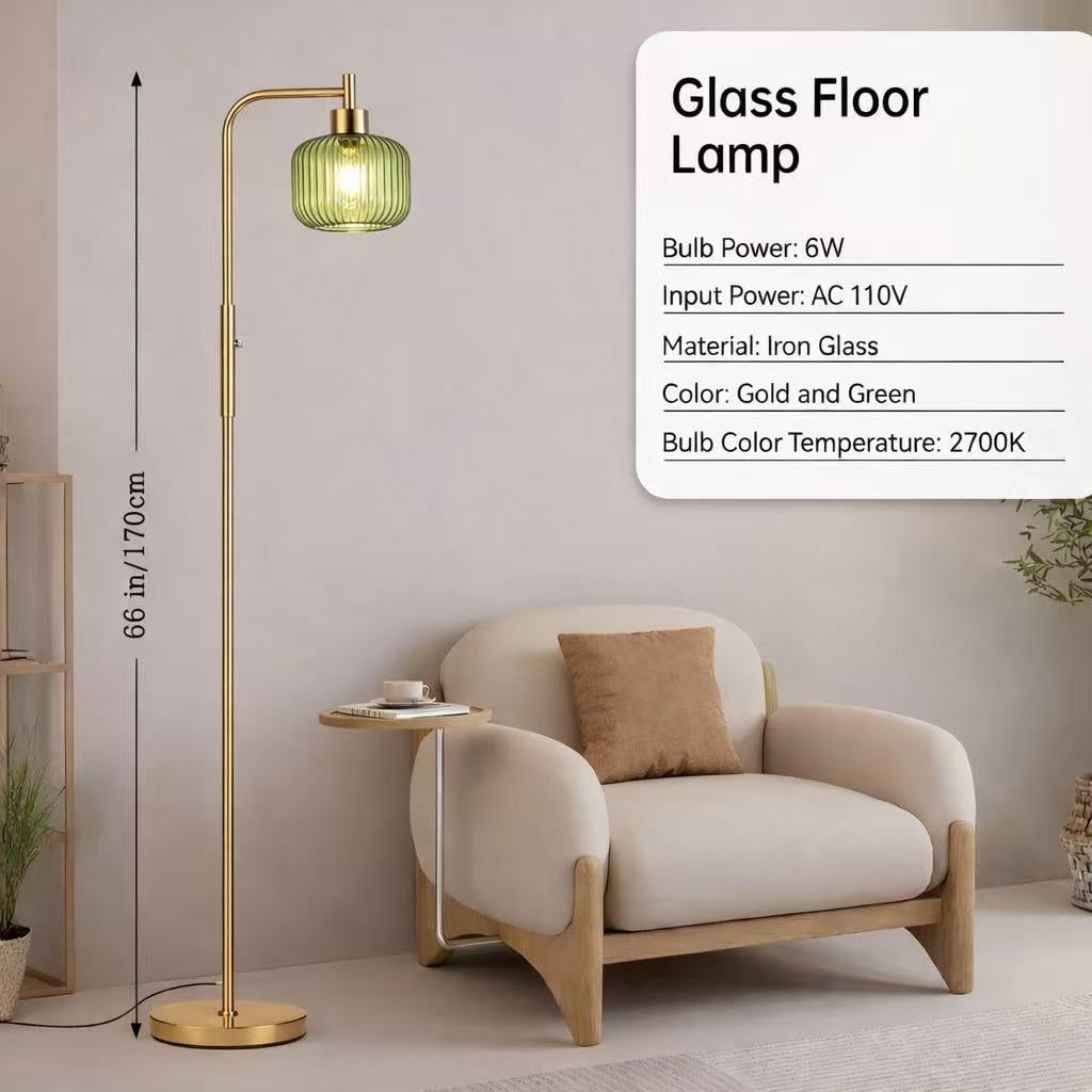 Ruiever Glass Floor Lamp for Living Room, Dimmer Standing Lamp with Green Ribbed Lampshade,66” Tall Lamp & Gold Floor Lamp for Bedroom Study Room,Brushed Gold (Drum Green Glass Shade)