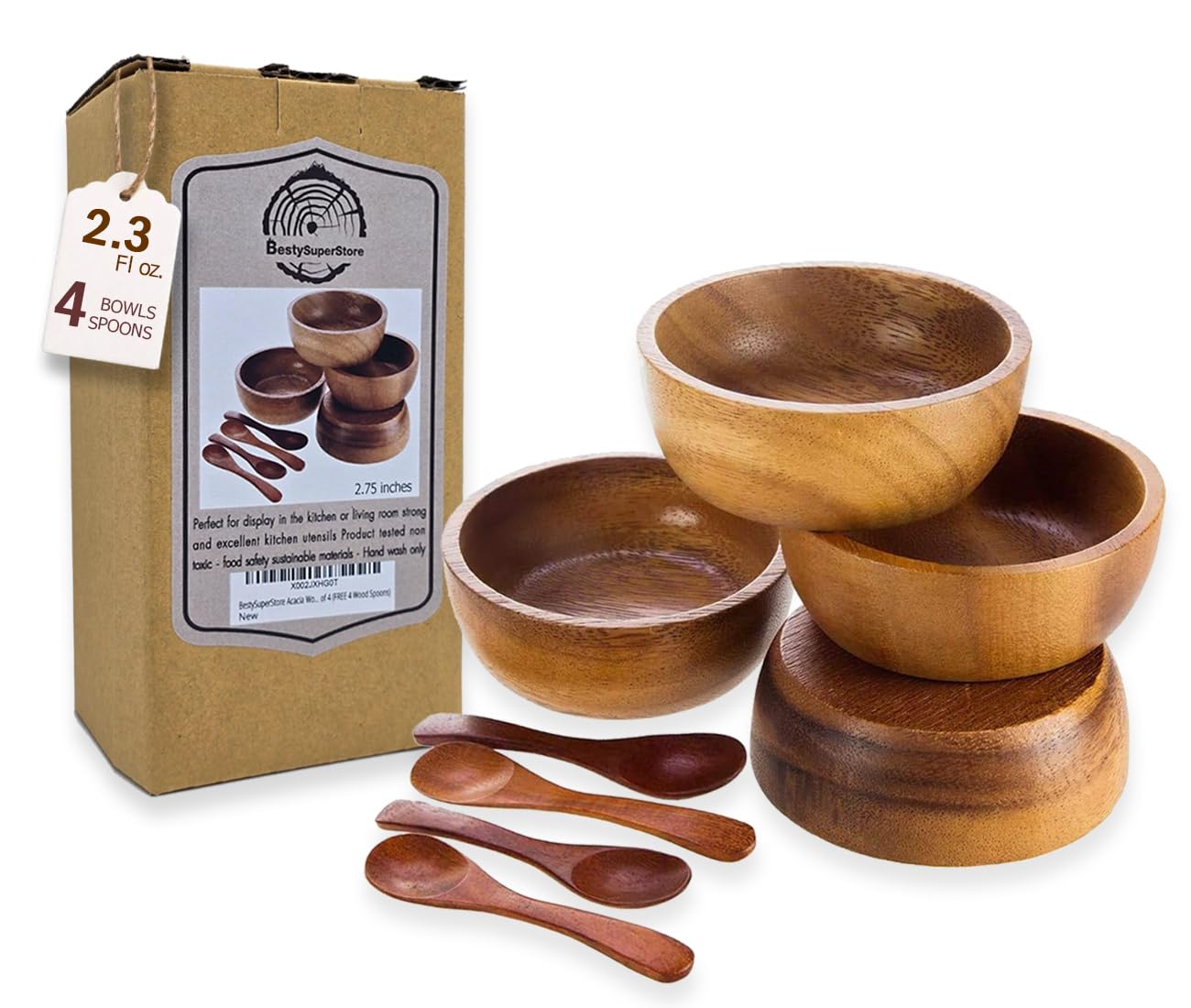 BestySuperStore Set of 4 Small Round Acacia Wooden Bowls 2¾ Inch Diameter 1½" High With Spoons - Stackable Mixing Bowl Salad Soup Snack Dip Sauce Charcuterie Wood Tableware Sets for Decor and Serving