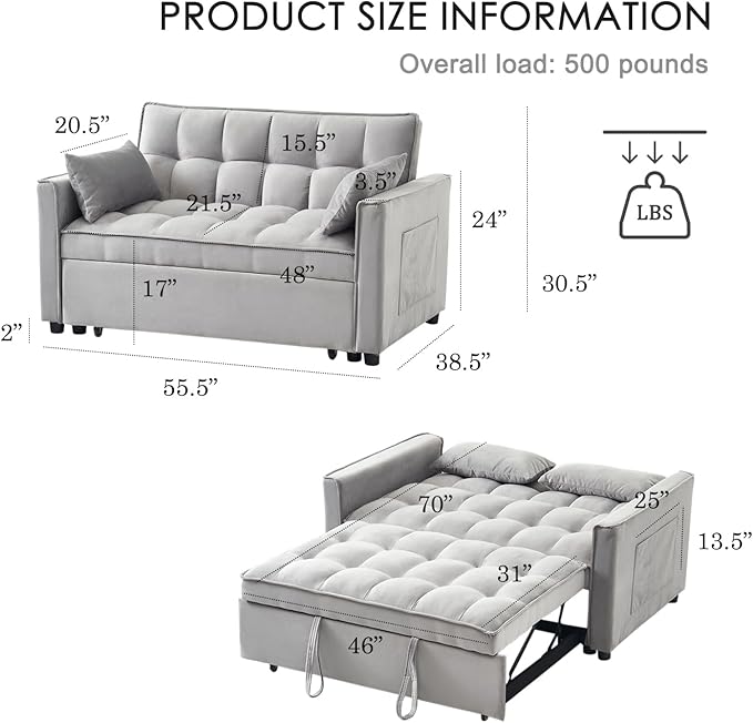 3-in-1 Loveseat Sleeper Sofa, Modern 55.5" Pull Out Couch, Velvet Upholstered