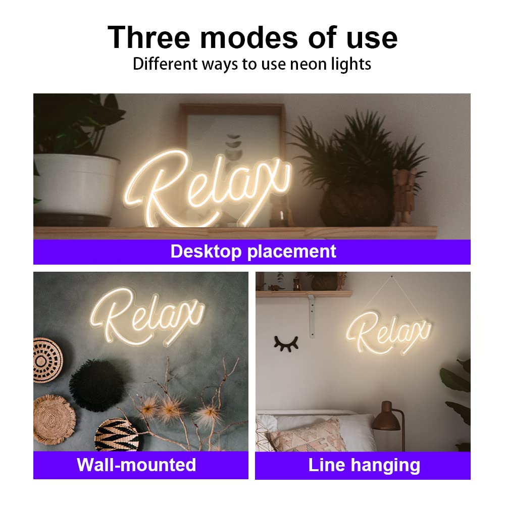 Relax Neon Sign Unique Art Ornaments with Dimmable Switch, 5V USB Powered Cool Neon Relax Signs for Wall Decor, Bedroom, Living Room, Bathroom Decoration Valentine's Day SPA Decor (Warm White)