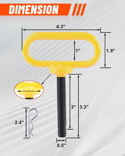 EilxMag 2Pack Hitch Pin, 1/2 x 3 Inch Trailer Hitch Pin with Clip and Rubber-Coated Handle, Strong Heavy Duty Lawn Mower Hitch Pin for Mowers, Tractor Truck, Towing Cargo, ATV (Yellow)