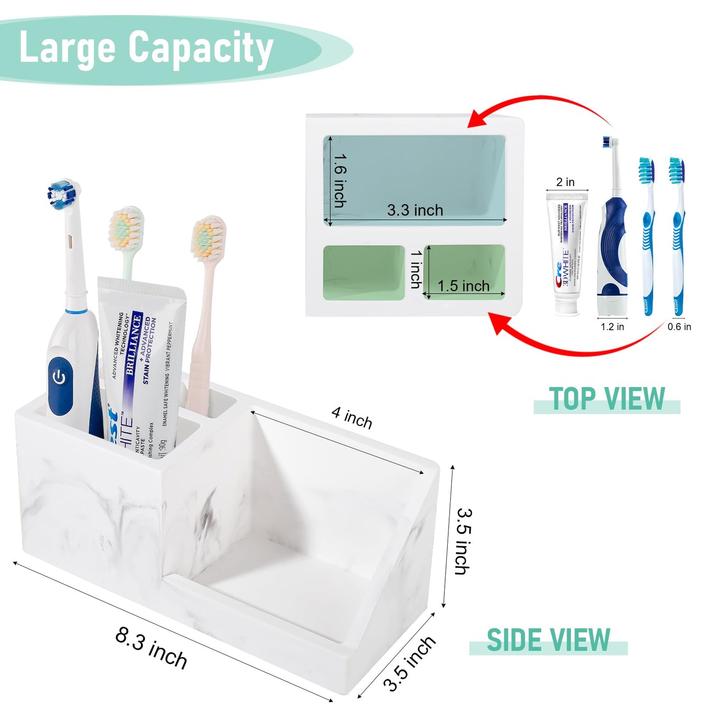 Diatomite Toothbrush Holders for Bathrooms, Quick Dry Electric Tooth Brush and Toothpaste Organizer Bathroom Accessories for Countertop, Vanity, Sink - Marble White