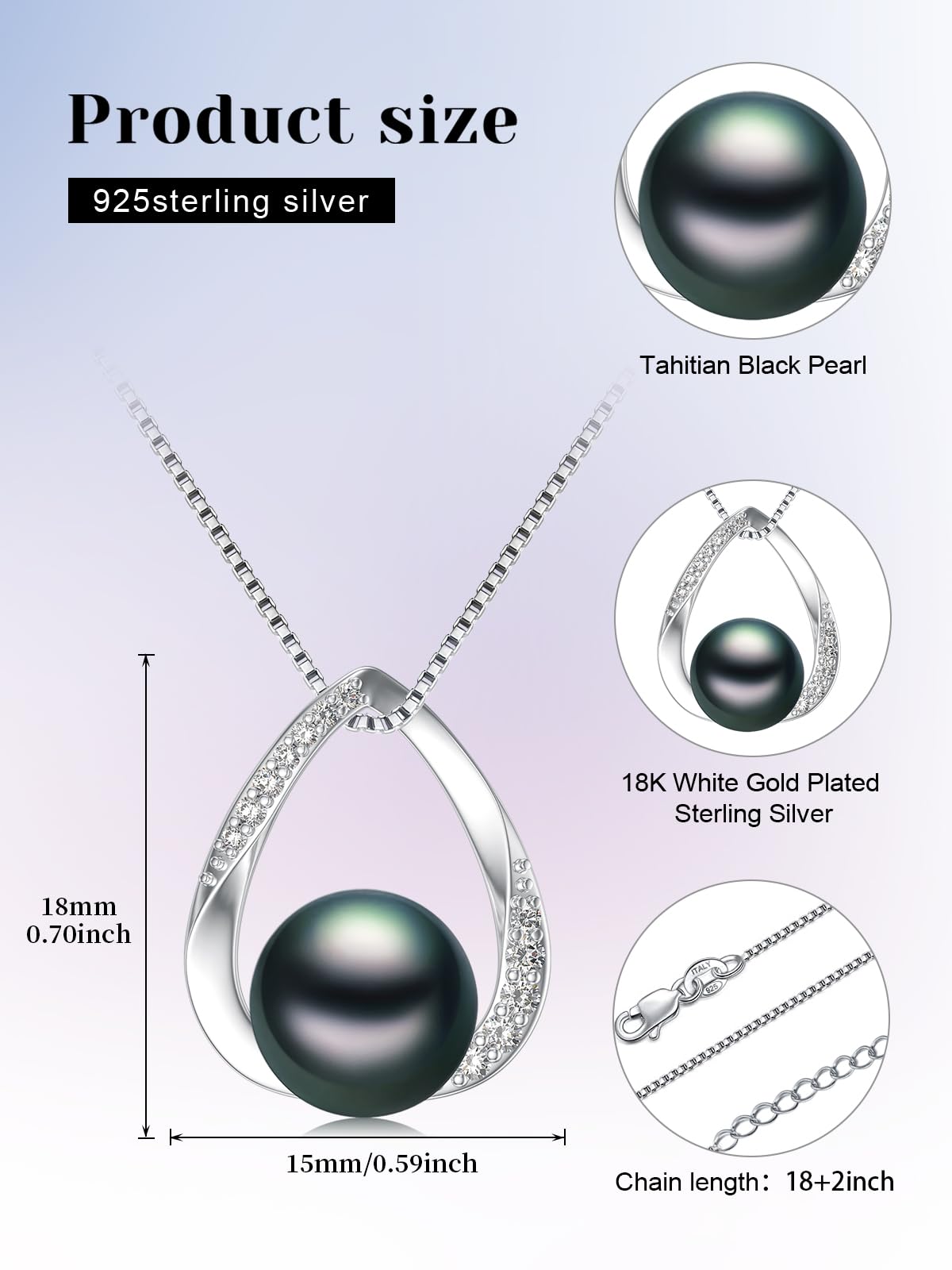 Gifts for Wife Women Anniversary-Tahitian Black Pearl Necklace 18K White Gold Plated 925 Sterling Silver AAA+ Handpicked Pearl Pendant Jewelry Gift for Mom Women Her Wedding Birthday