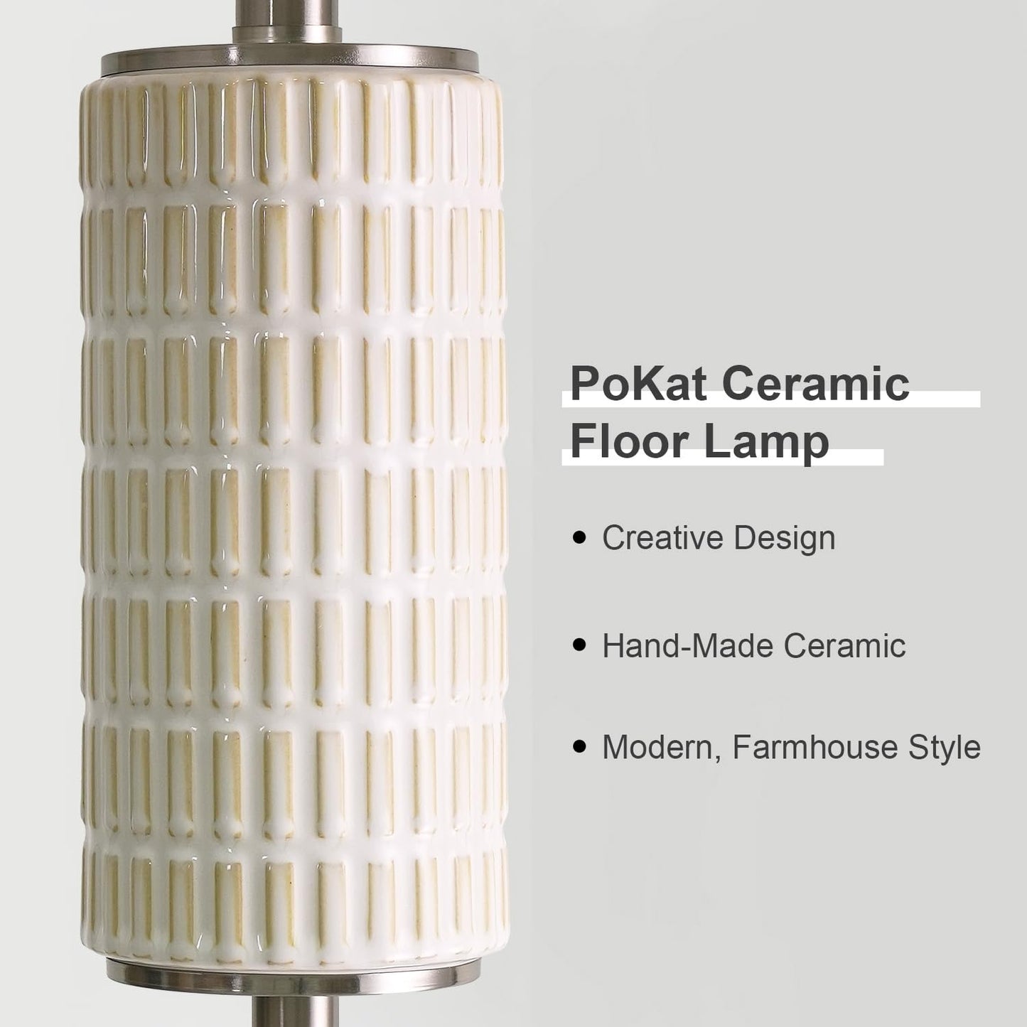 PoKat Silver Ceramic Floor Lamp for Living Room Bedroom, 64" Modern Tall Standing Lamp with Rotary Switch, Traditional Living Room Lamp for Corner, Home Office, Nursery