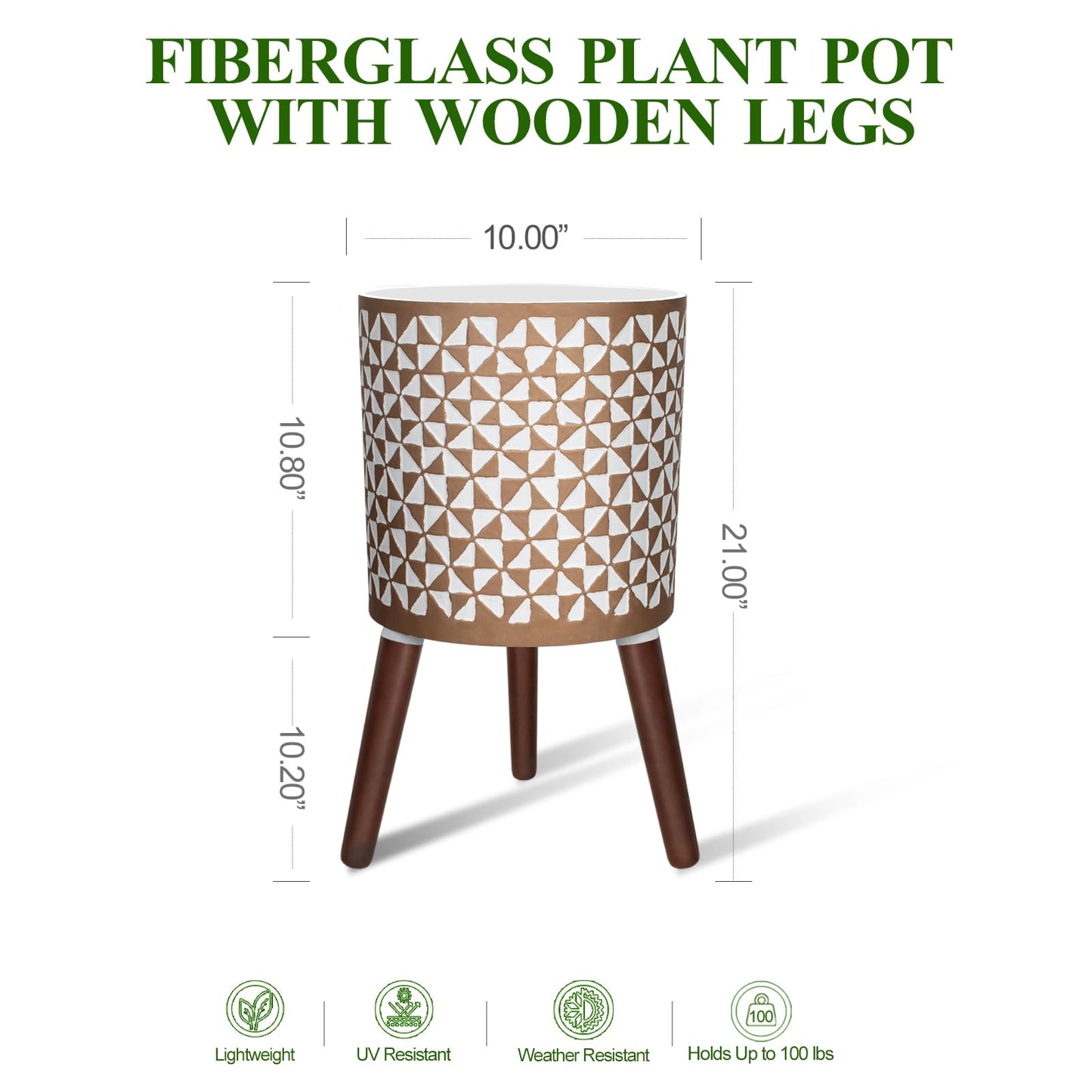 Opnons 10 Inches Plant Pots with Wood Stand Large Modern Standing Planters for Indoor Mid Century Flower Pot with Drainage Holes Big White & Gold Planters for Living Room, Office, Garden or Balcony