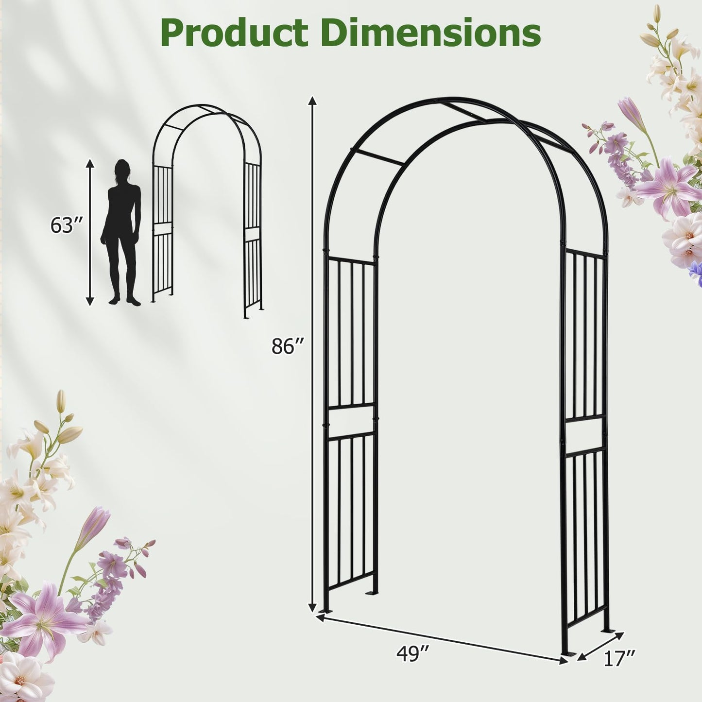 COSTWAY 7.2Ft Garden Arch Arbor Trellis for Climbing Plants, Metal Arch Frame Steel Arbor with 8 Stakes, Outdoor Archway for Wedding Bridal Party Lawn Decoration, Easy Assembly, Black (1)