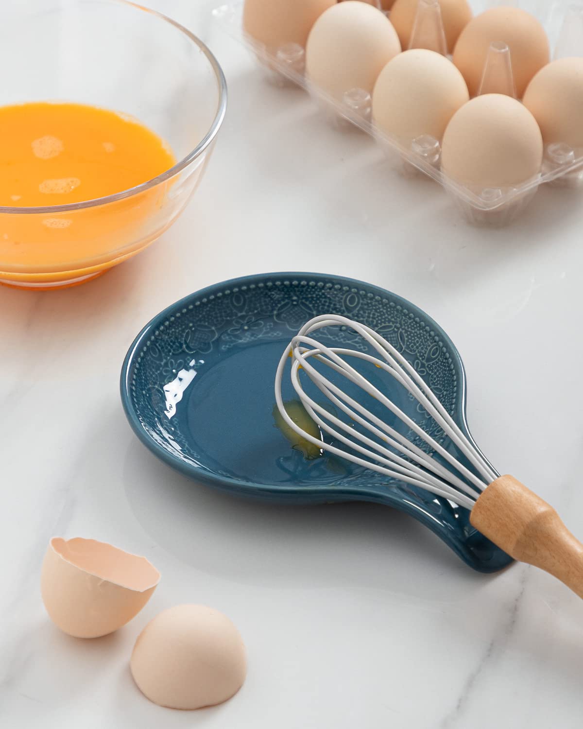 Lace Embossed Utensil Tray, Ceramic Spoon Rest, 5.5" diameter (Grayish Blue)