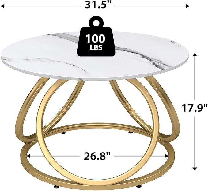 O&K FURNITURE Gold Round Coffee Table, Faux Marble Top