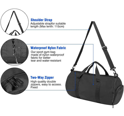 Gym Duffle Bag with Shoe Compartment Foldable Men Women Travel Fitness Holdall Barrel Sports Bags - Shoulder Strap Swimming Football Basketball Tennis Luggage Weekender Light Weight Dry Bags (Black)