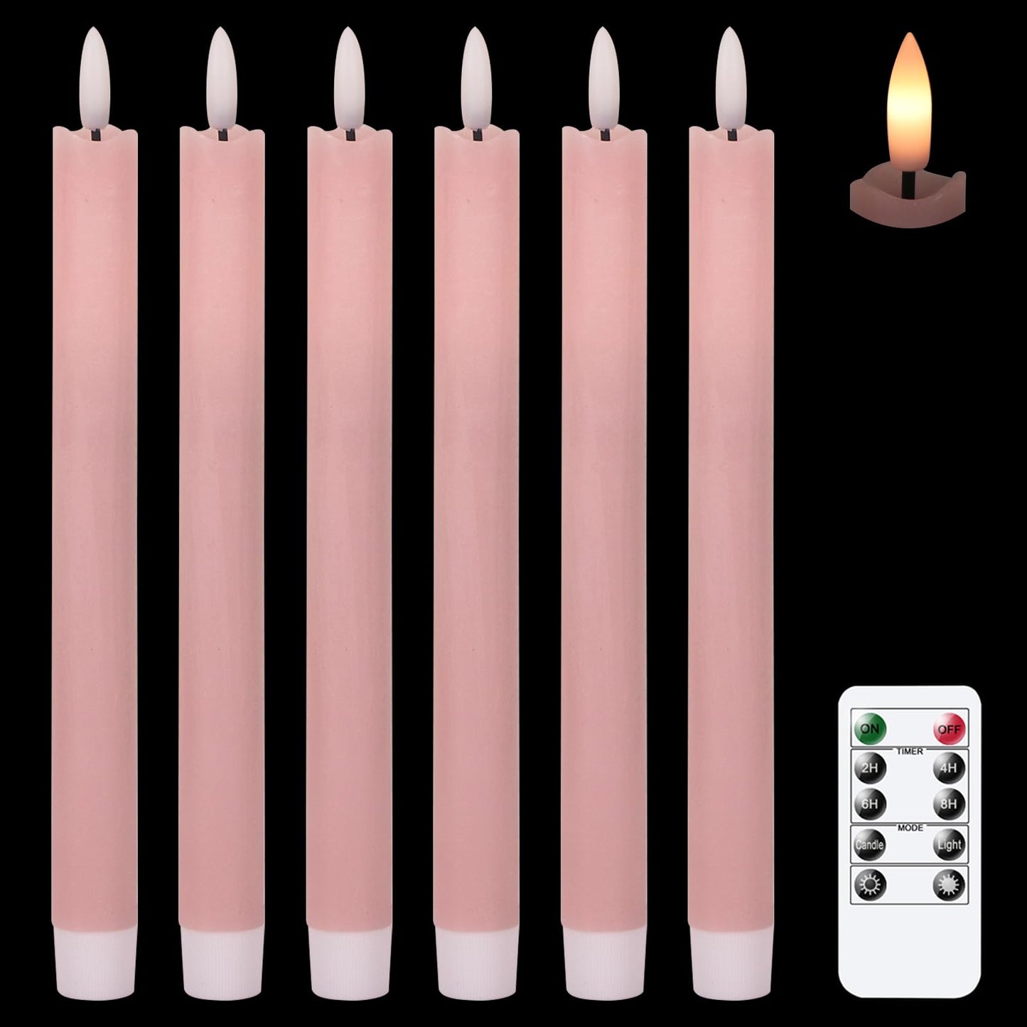 GenSwin Flameless Pink Taper Candles Flickering with 10-Key Remote, Battery Operated Led Warm 3D Wick Light Window Candles Real Wax Pack of 6, Christmas Home Wedding Decor(0.78 X 9.64 Inch)