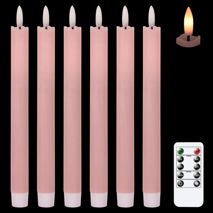 GenSwin Flameless Pink Taper Candles Flickering with 10-Key Remote, Battery Operated Led Warm 3D Wick Light Window Candles Real Wax Pack of 6, Christmas Home Wedding Decor(0.78 X 9.64 Inch)