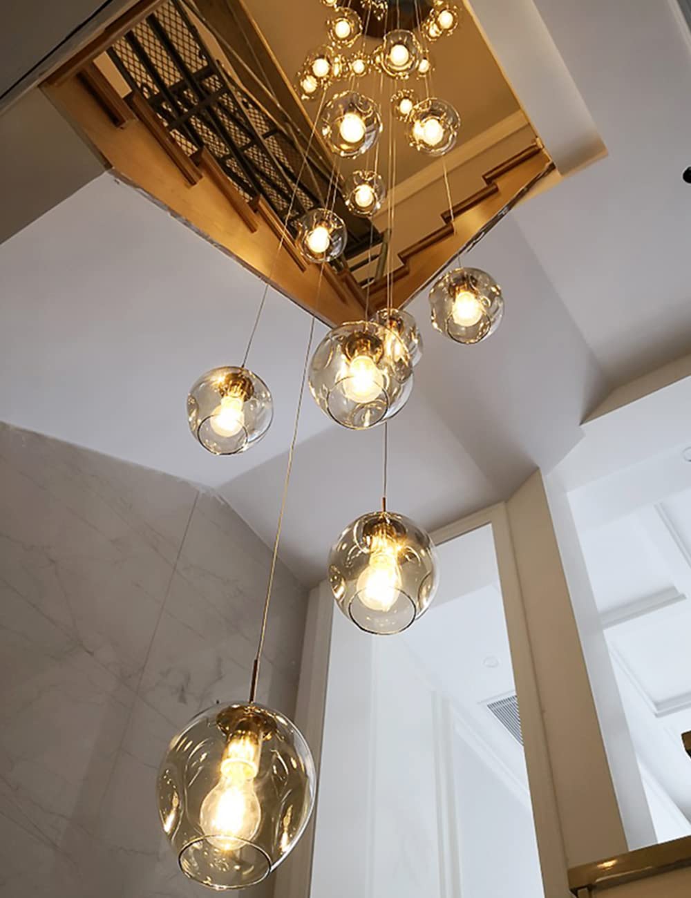 Meimond Long Chandeliers for High Ceilings,Modern Crystal Balls Pendant Light,Globe Raindrop Drop Lamp,Flush Mount Hanging Lighting Fixtures for Spiral Staircase,Foyer,Entryway,Living,15 Lights