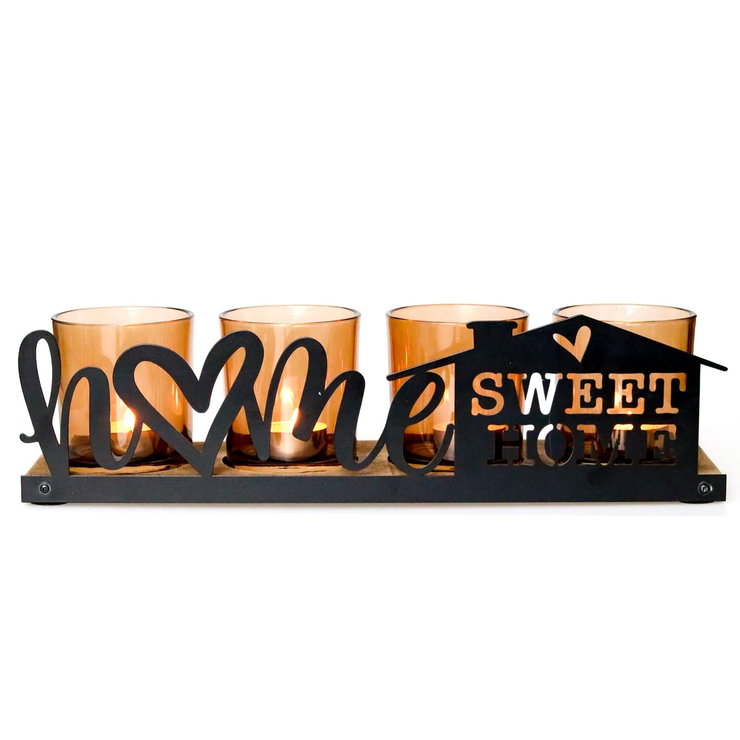 Amber Glass Candle Holder with Farmhouse Wood Tray, Sweet Home Tealight Holder Centerpiece for Dining Table, Rustic Metal Sign Votive Tray for Fireplace Mantel Living Room Decor Housewarming Gift