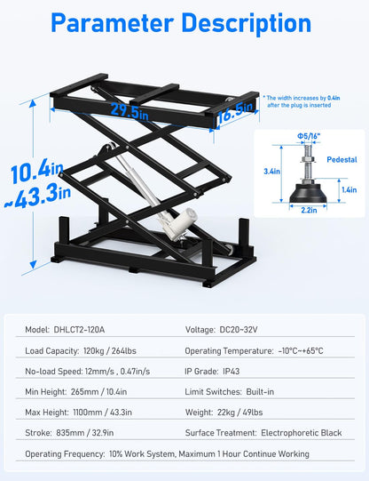 DIHOOL Electric Scissor Lift Table, 265Lbs Load, 10.43"-43.31" Height Adjustable Lifting Platform, Super Quiet with Remote & WiFi Control, Obstruction Detection, AC/DC Power for Home/Industrial Use