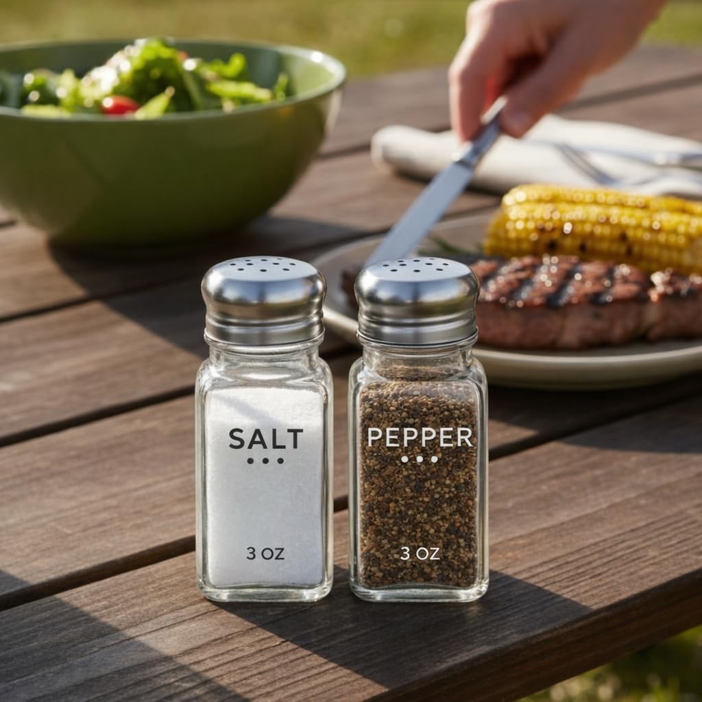 HESSION Salt Shaker and Pepper Shaker Set of 4, Refillable Glass Spice Shakers with Holes and Lids, Stainless Steel Spice Dispenser, Modern Kitchen Decor Seasoning Containers for Dining Table (3oz)