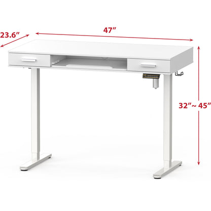 SHW 48-Inch Electric Height Adjustable Desk with Keyboard Tray and 2 Drawers, White