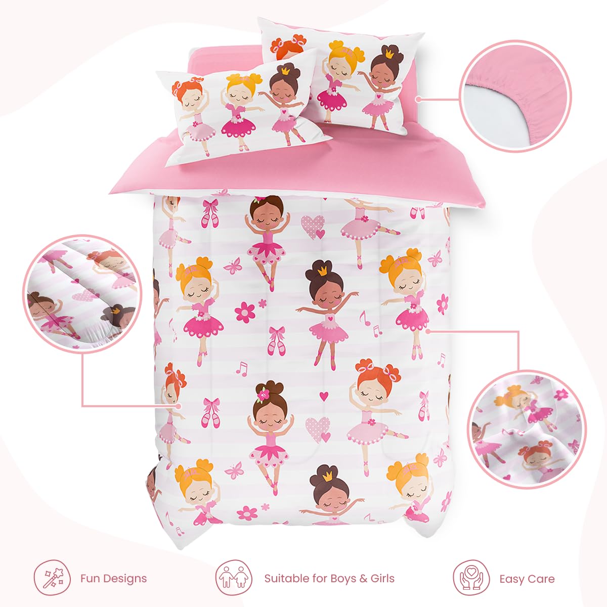 SANDJEST Ballet Twin Bedding Sets for Girls, Ultra Soft Microfiber Comforter Set with 3-Pieces, Comforters Kids Bed Set for Children Teen Tween Bedroom Decor