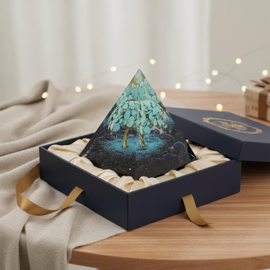 Handmade 2.36inch Tree of Life Crystal Pyramid Turquoise&Blue Sandstone Quartz Healing Crystal for Reduce Stres Meditation Protection, Decoration,Gifts
