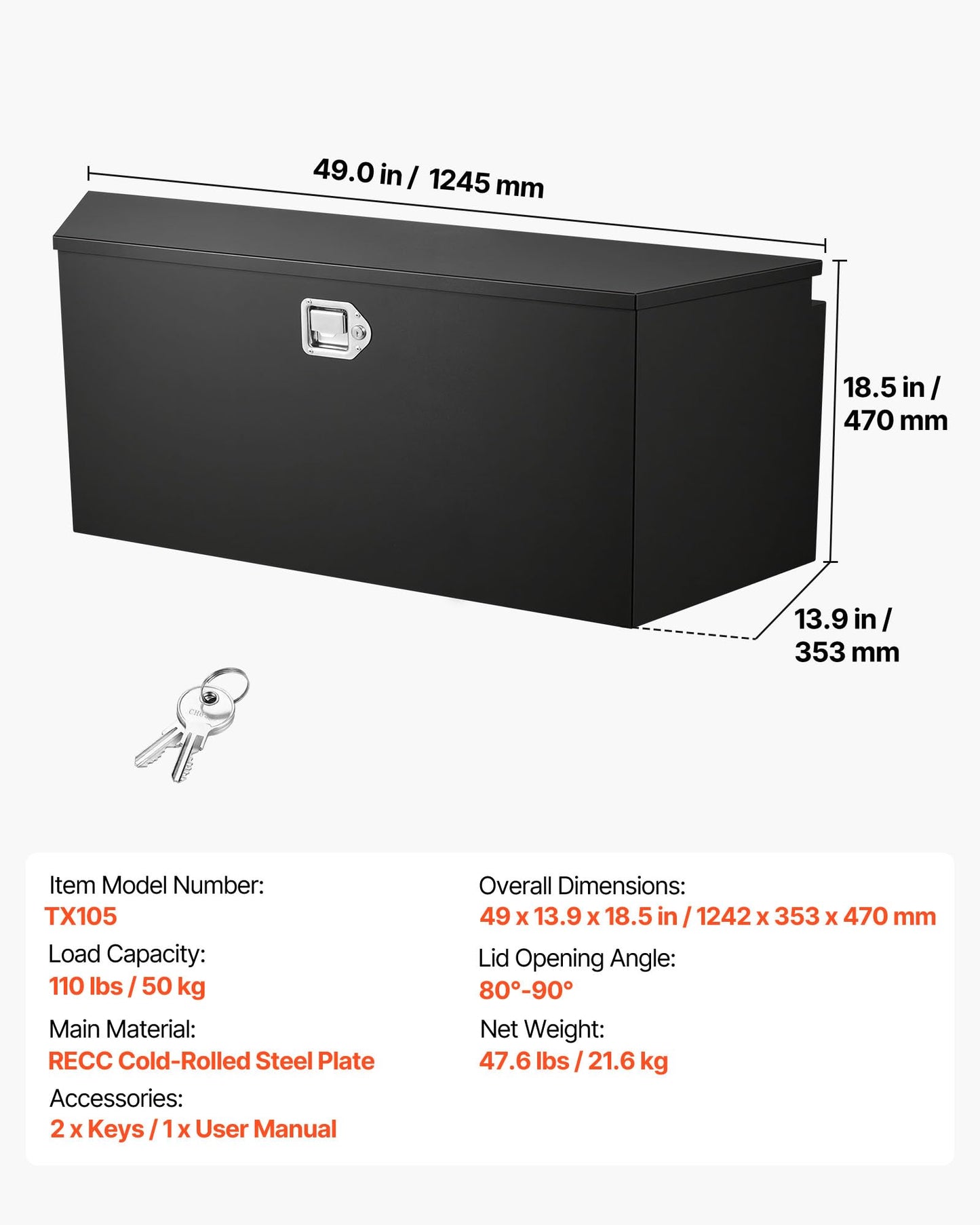 VEVOR Trailer Tongue Box, Heavy Duty Trailer Tongue Tool Box Storage Organizer with Lock & Keys, Utility Tool Chest for Pickup Truck Bed, RV, SUV, Off-Road Vehicle, Steel, 49" x 13.9" x 18.5"