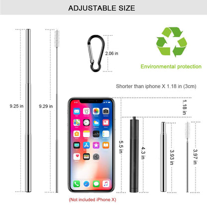 2 Pack Reusable Metal Straws Collapsible Stainless Steel Drinking Straw Travel Portable Telescopic Straw with Case for Cruise Ship Essentials Black/Rose Gold