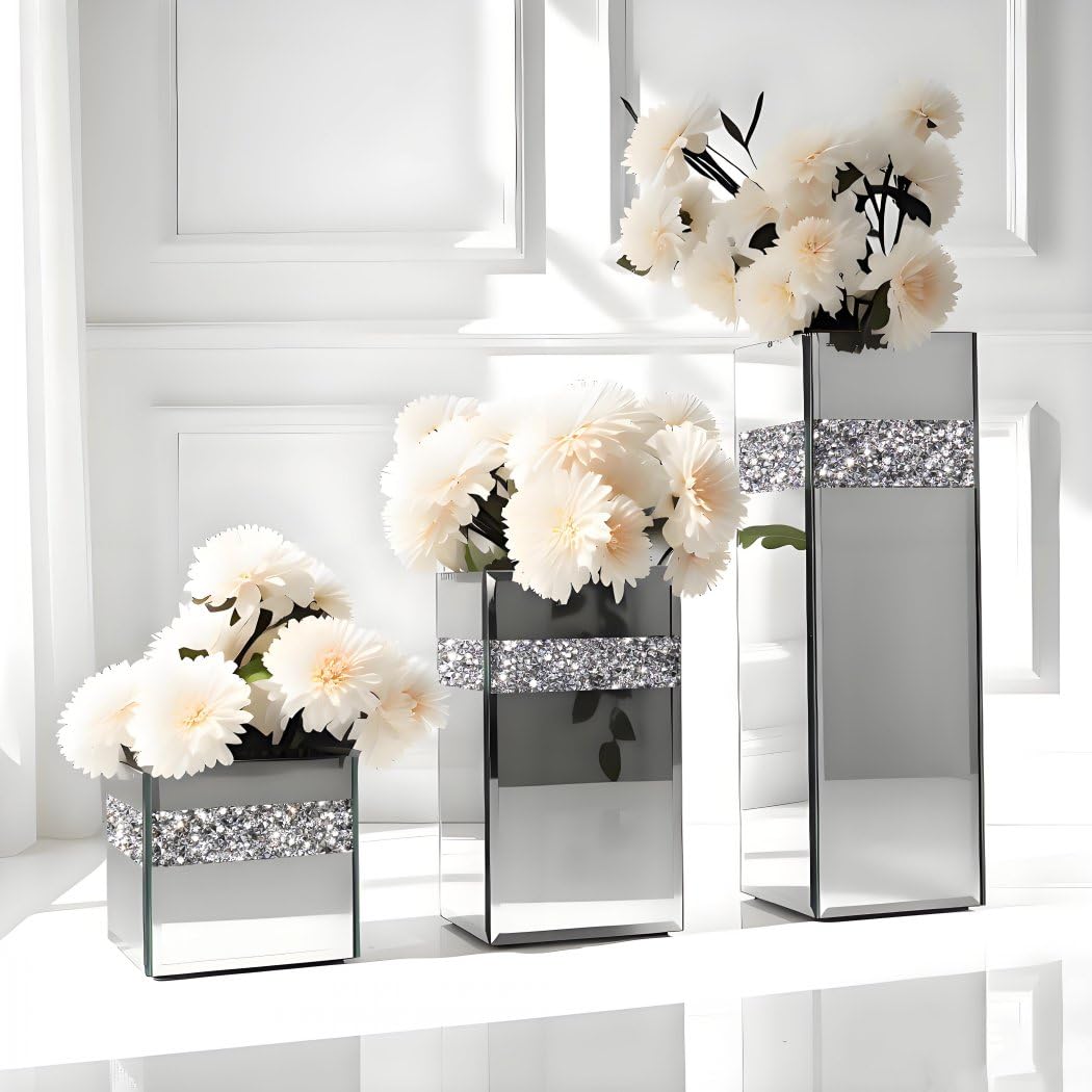 ALLARTONLY Crushed Diamond Mirrored Vase Pack of 3 Pieces Small Middle Large. Crystal Silver Mirror Glass Stunning Decorative Flower Vase Luxury for Home Decor. Can’t Hold Water.