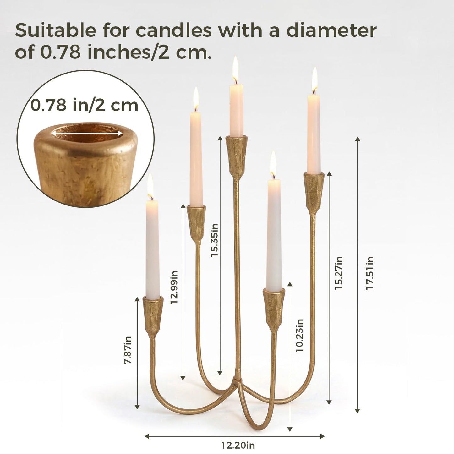 5-Arm Gold Candelabra Candle Holder Detachable Metal Taper Candleholders 17.5” Tall Cast Iron Candlestick Holders for Wedding Centerpiece Dining Table Party Home Decor Events