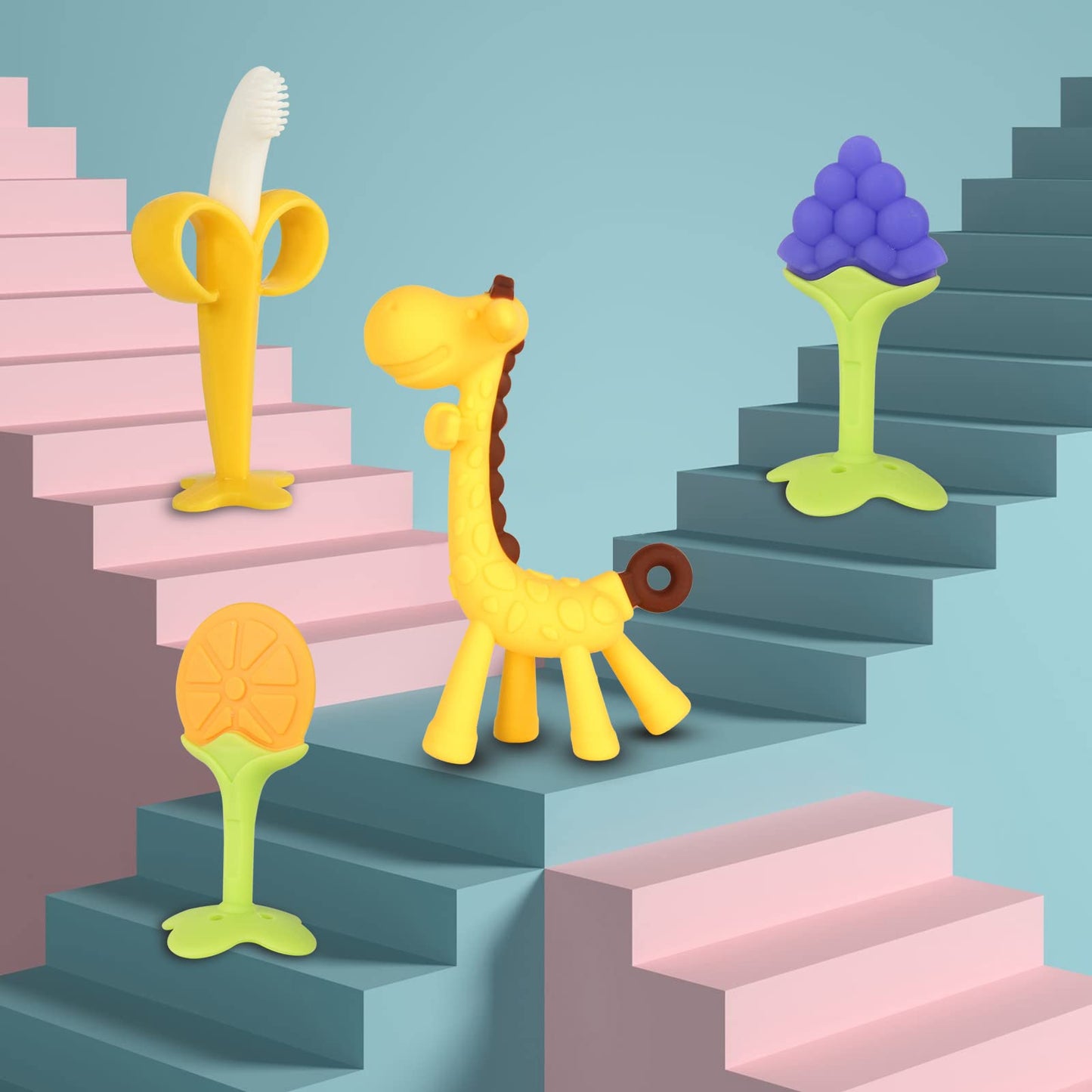 Chuya Teething Toys for Baby, Teethers with Banana Toothbrush Teeth Brushing,BPA-Free,Chew Toy Infants Toddlers Silicone Teether for Babies 0-6-12 Months