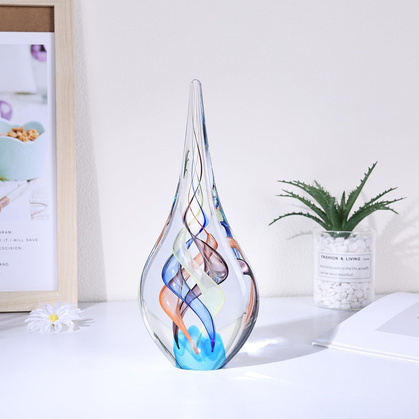 GrivSheen Hand Blown Glass Sculpture, Murano Style Decor, Clear Glass Art Collection Figurines, Teardrop Decorative Statue for Office Shelf, Unique Teardrop Sculpture Paperweight, Beach Room Decor