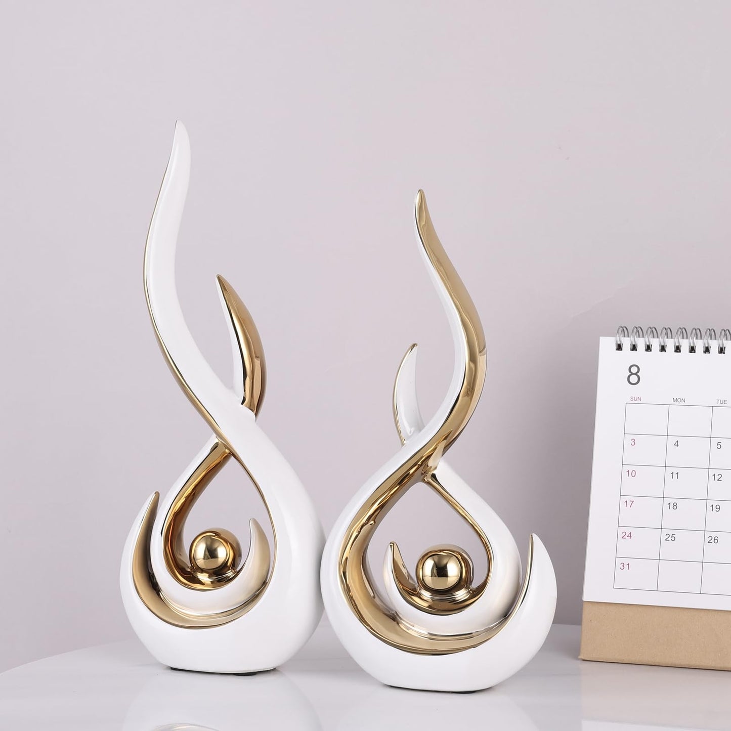Ceramic Abstract 2 Piece Statue Set, White and Gold Home Decor Accents for Home Decor Statue Mantel Shelf Decor Unique Shelf Decor on Mantel, TV Cabinet Divider Table Top and Dining Table Centerpiece.