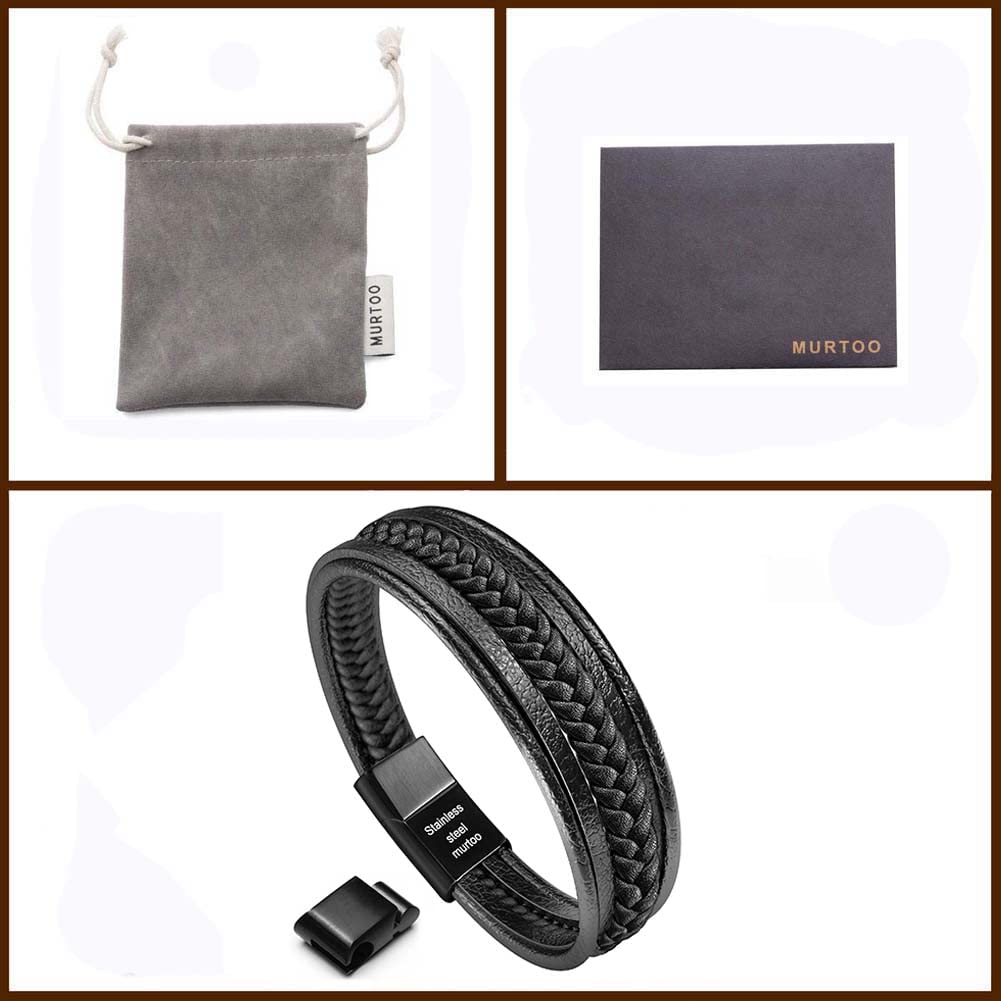 murtoo Bracelet for Man Cowhide Genuine Leather Women Unisex Cuff Wrap Bracelet Brown Black Multi-Layer Magnetic Clasp Rope Wristband (Black, 8.7'')