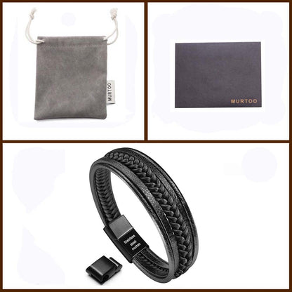 murtoo Bracelet for Man Cowhide Genuine Leather Women Unisex Cuff Wrap Bracelet Brown Black Multi-Layer Magnetic Clasp Rope Wristband (Black, 8.7'')