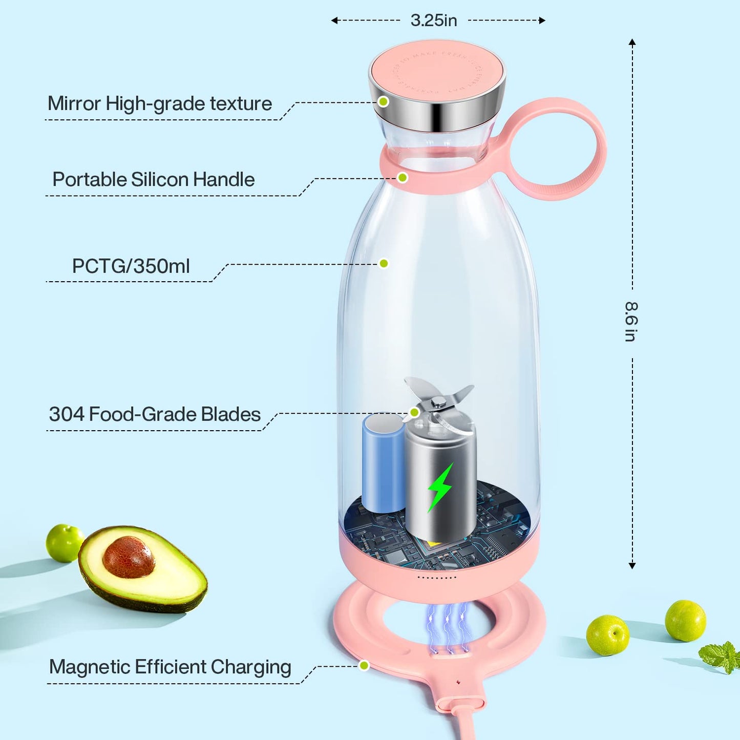MIAOKE Portable Blender,Fashion Portable Blender for Shakes and Smoothies 11.8 Oz,Magnetic USB Fast Charging Mini Mixer Bottle,Take It for Traveling, Outdoor, Gym, Office, Cars, Gift -PK