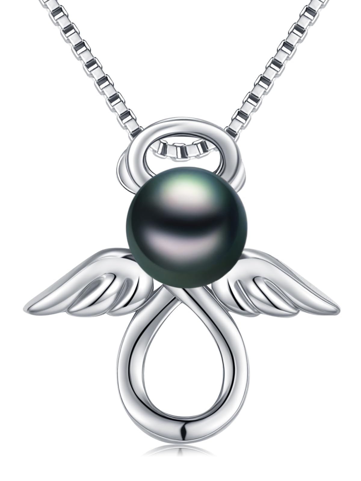 KANNSOAR Tahitian Black Pearl Necklace for Women 18K White Gold Plated Sterling Silver Angel Pendant Necklace Black Pearl Jewelry Gifts for Wedding Graduation Birthday Anniversary