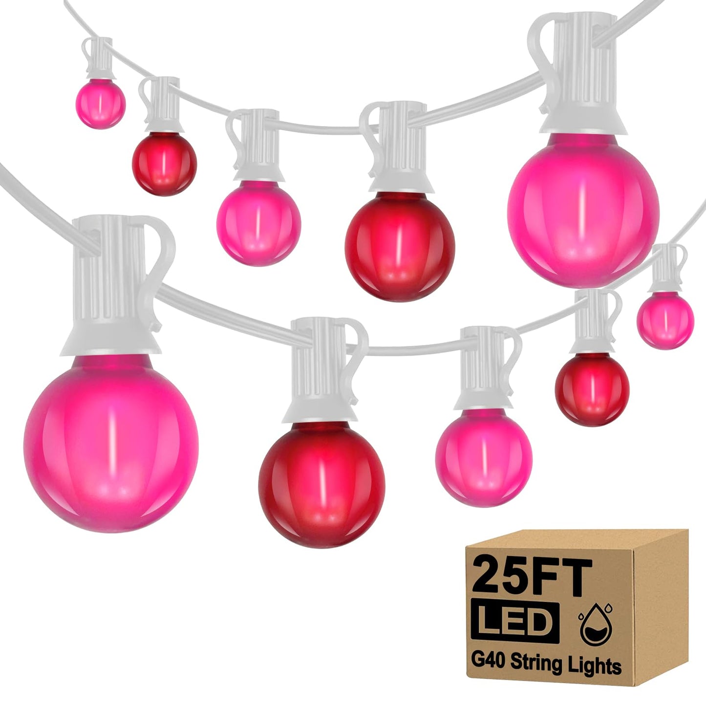 G40 LED Valentine’s Day String Lights, 25Ft Valentines Decorations Lights Outdoor with Frosted Red Pink Round Bulbs, Hanging Patio Lights Shatterproof for 4th of July Independence Day Patriotic Party