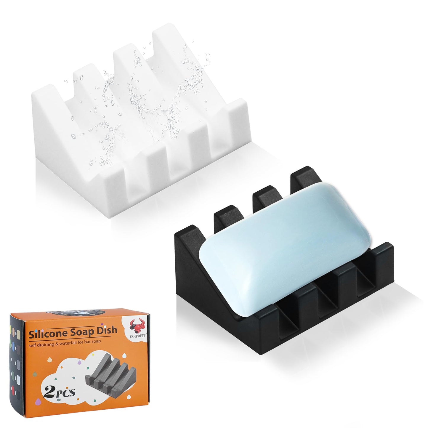 Coipdfty Self Draining Soap Dish Holder,Silicone Soap Dish,for Bathroom,Kitchen, Sponges，Can Extend Soap Life，Keep Soap Bars Dry and Easy Cleaning (Black+White,2-Pack)