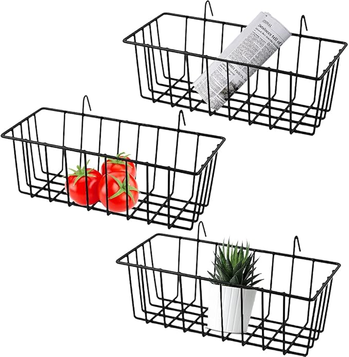 3 Pack Grid Panel Hanging Wire Basket, Storage and Display Basket