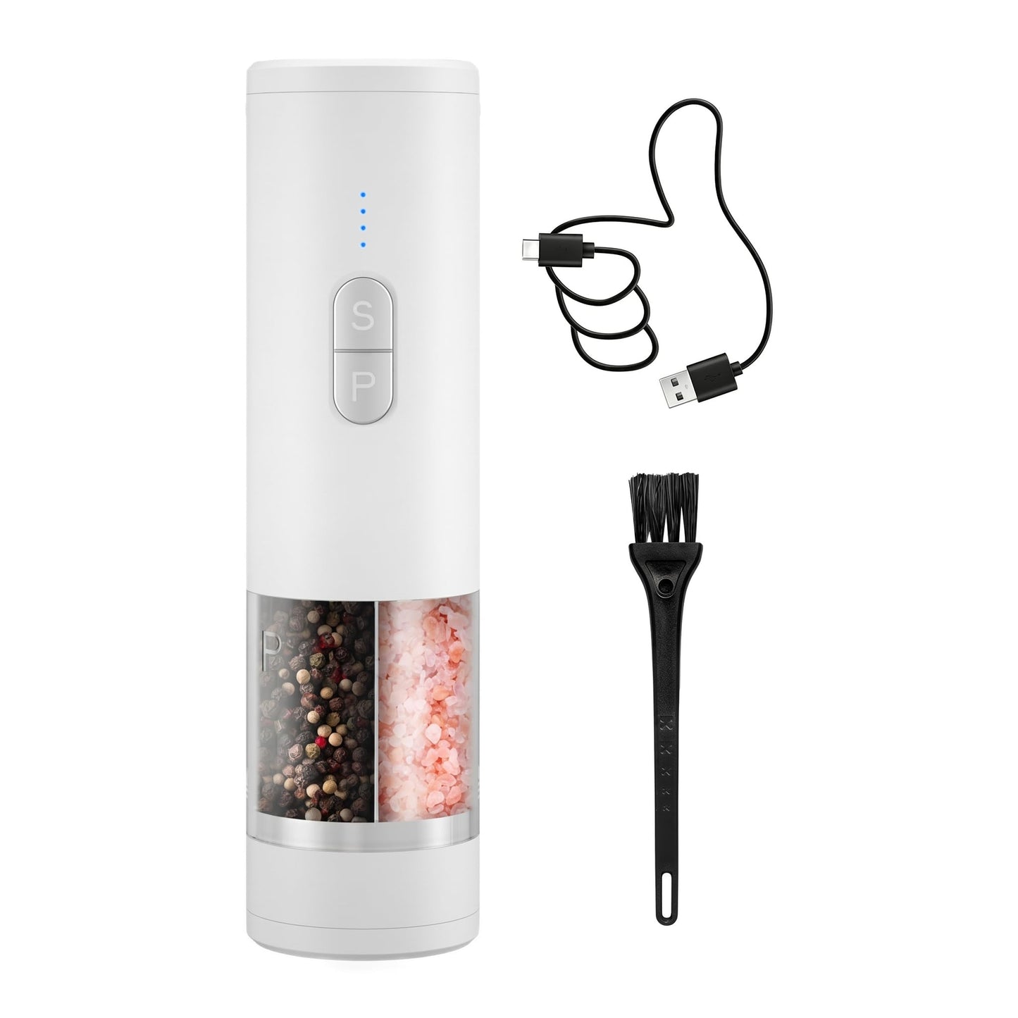 2 IN 1-Electric Salt and Pepper Grinder Set Shakers, Rechargeable Automatic Pepper Mill,with LED Lighting,Adjustable Grinder,Large Capacity-Ideal for Kitchen,BBQ,Ideal Kitchen Gifts (White)