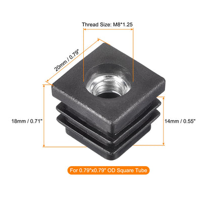 uxcell 4Pcs Inserts for Tubes with M8 Thread, for 0.79"x0.79" OD Square Tube, Square Black Plastic Plug Caster Insert Chair End Caps Furniture Leg Plug