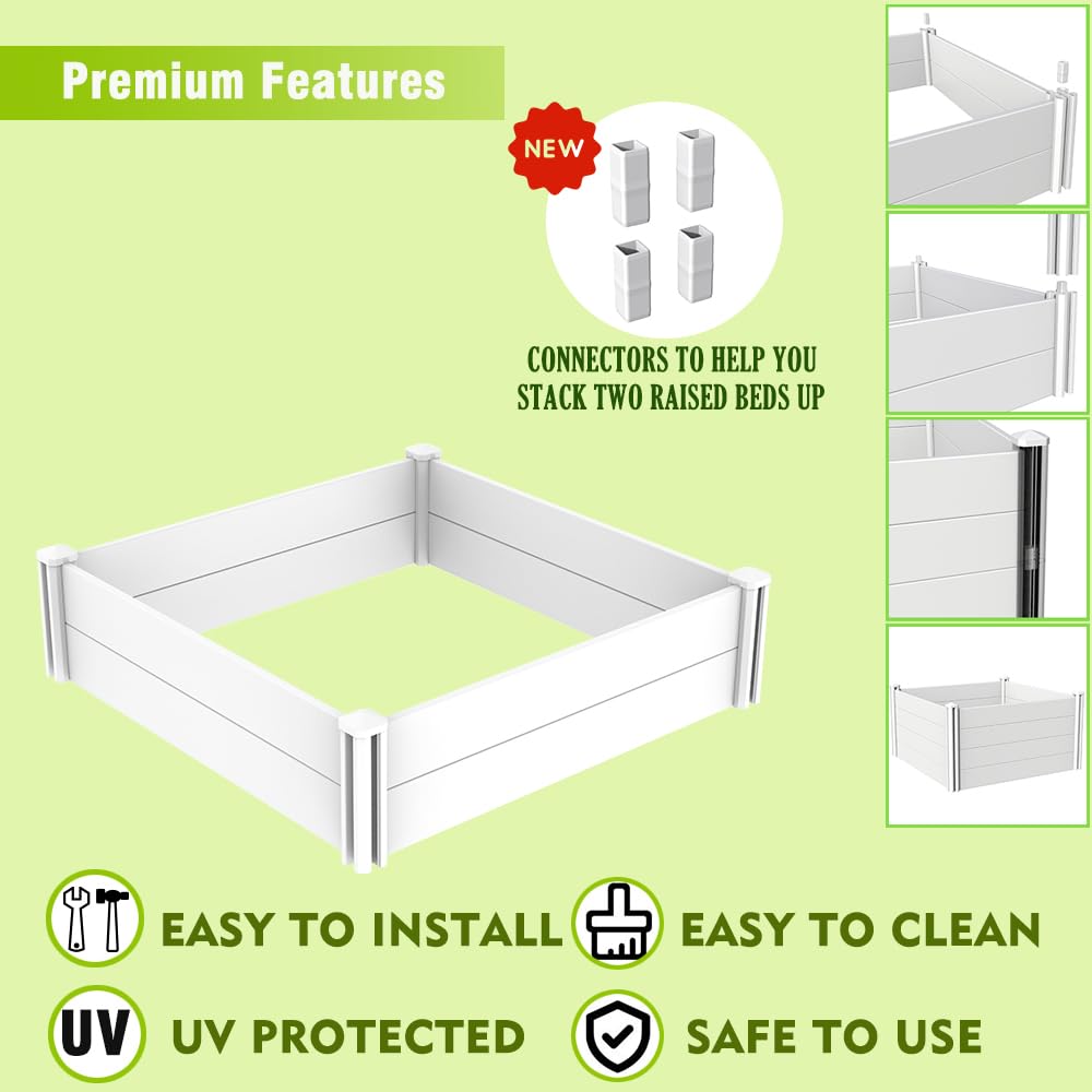 Kdgarden 4'x4' White Vinyl Raised Garden Bed Kit, Outdoor Above Ground Garden Box for Growing Vegetables, Flowers, Herbs, DIY Gardening, Whelping Pen and More