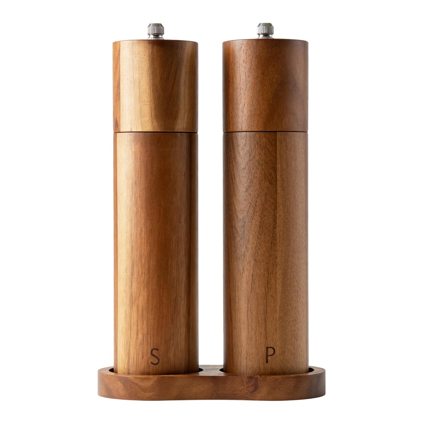Amestar 8 Inch Acacia Wooden Salt and Pepper Grinder Set, Refillable Salt and Pepper Mills Adjustable Coarseness, Salt and Pepper Shakers Matching Wooden Tray, Spice Grinder for Kitchen